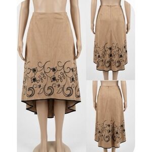 Vtg Y2K Principe Suede Embroidered Boho Cottagecore Midi Skirt 14 High Low Hem